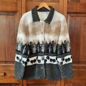 White Stag fuzzy sherpa mountain scene button front teddy jacket coat size XL